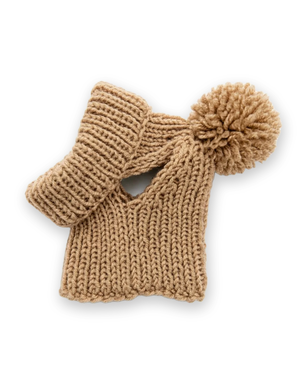 Camel hand-knitted dog beanie with one pom-pom, ribbed, with a face opening — a warm hat for Chihuahuas and small dogs