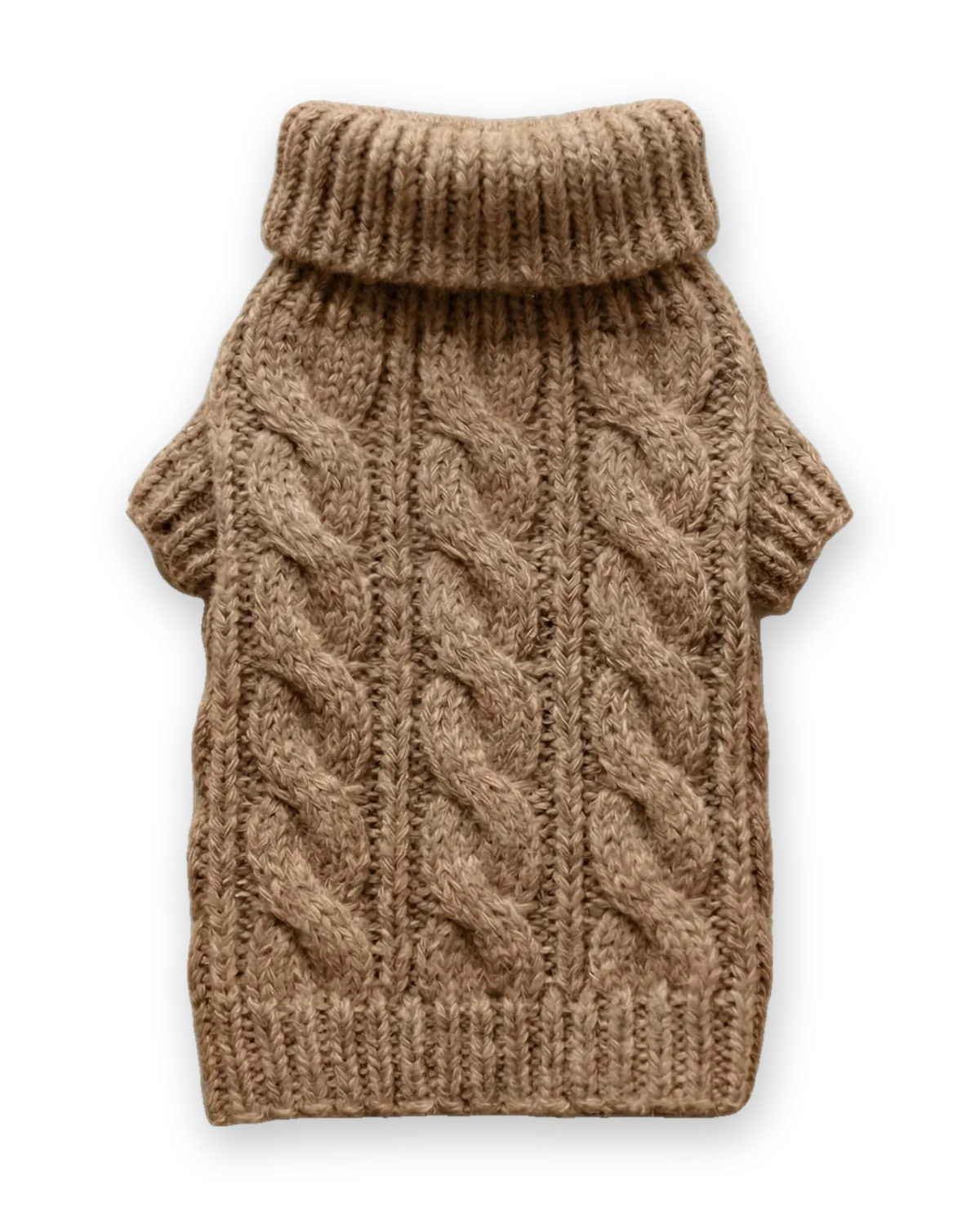 Camel cable-knit dog sweater with a fold-over turtleneck, hand-knitted for small dogs