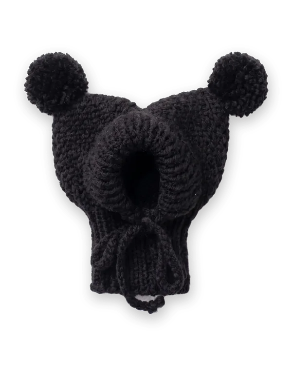 Black knitted dog hood with two pom-poms