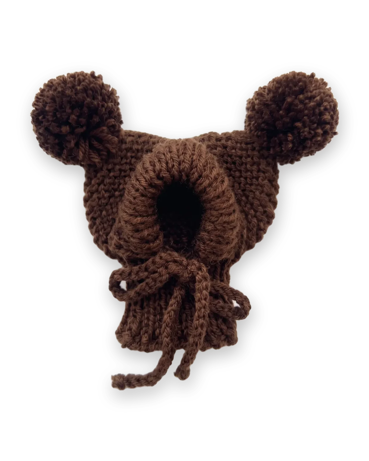 Dark brown Chihuahua hat: hand-knitted dog hood with two pom-poms, ear pockets and chin ties