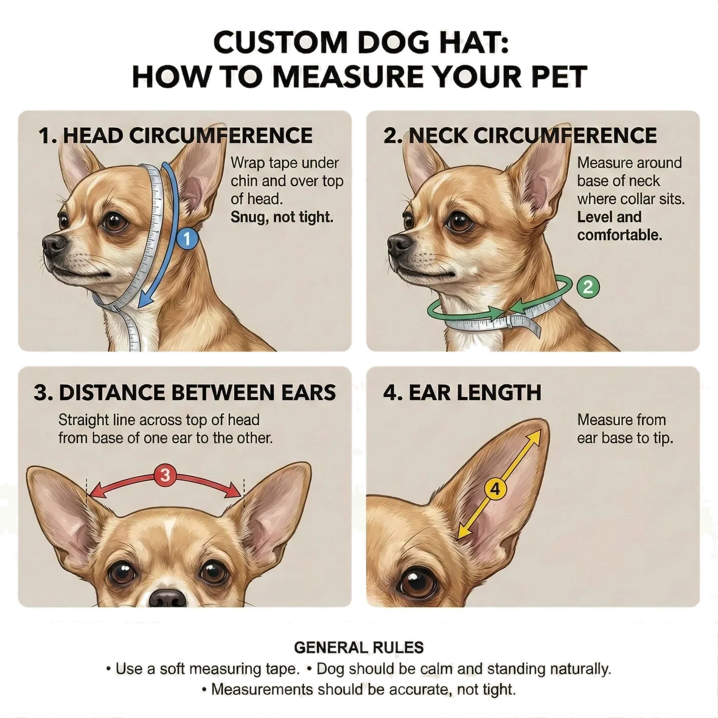 Illustrated guide: how to measure a dog's head circumference, neck, distance between ears and ear length
