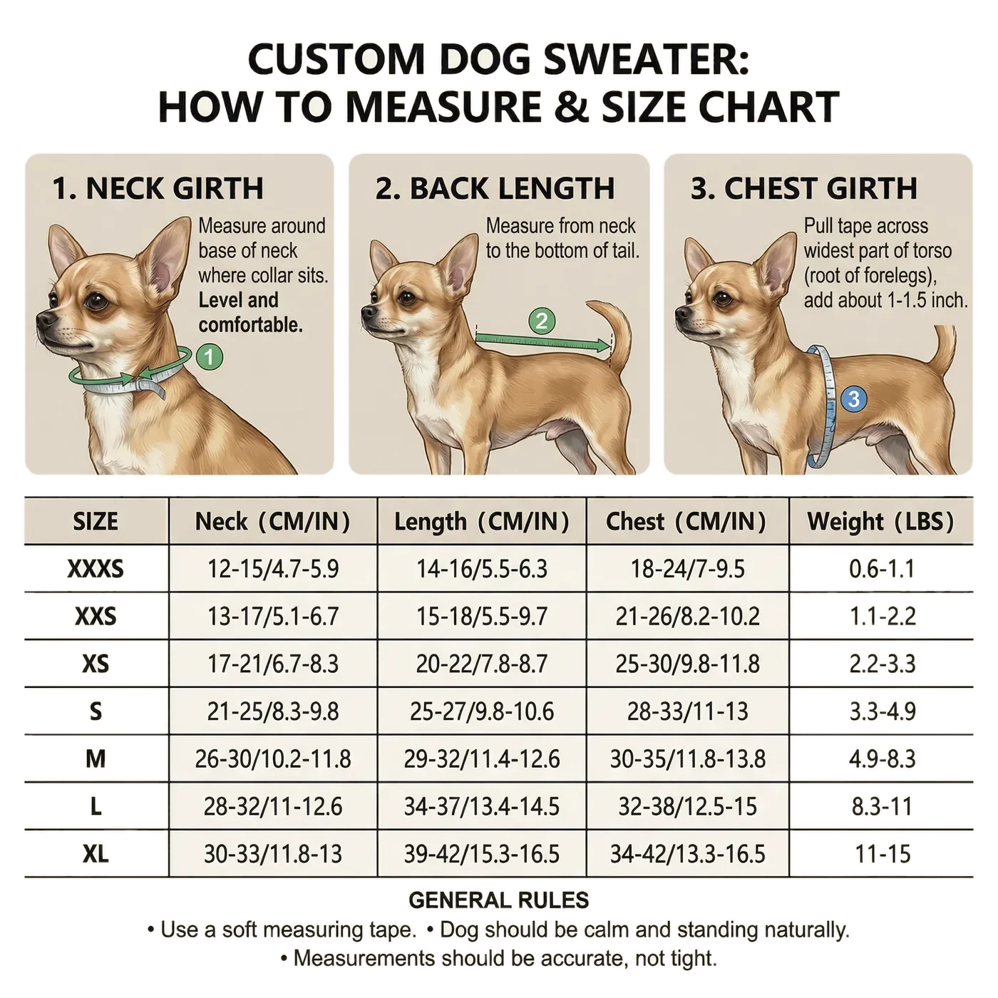 How to measure a dog for a sweater: neck girth, back length and chest girth, with the size chart